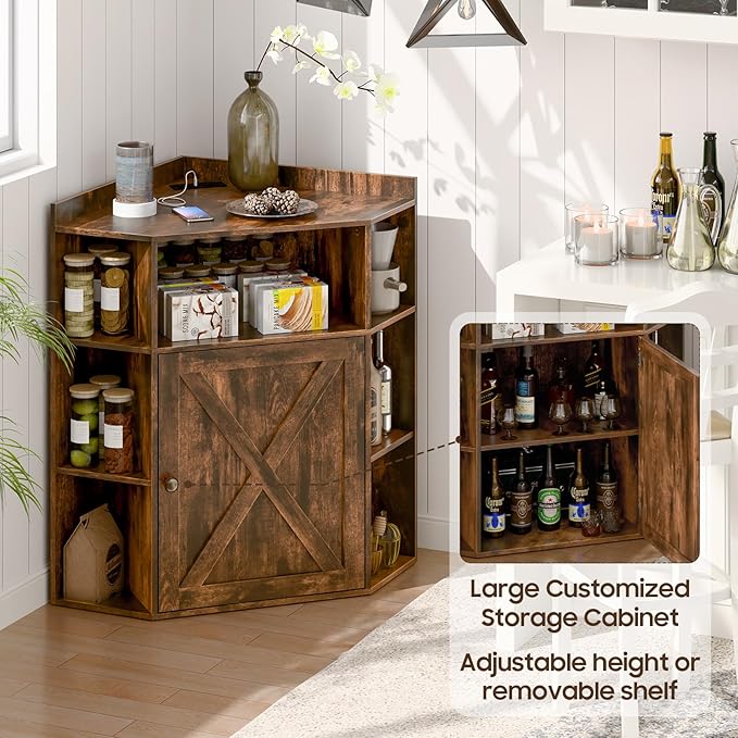 Corner Storage Cabinet, Farmhouse Corner Bookshelf with Storage 6-Cubby Wooden Cabinet with USB Ports and Outlets Industrial Organizer for Small Space, Study, Playroom, Living Room