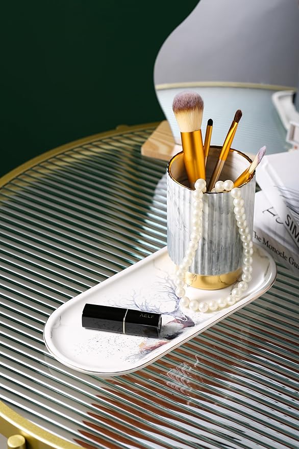IEEK Makeup Brush Holder Organizer - Comb Brushes, Pens, Pencils, Glasses & Toothbrushes - European Style Striped Container, Grey and Gold