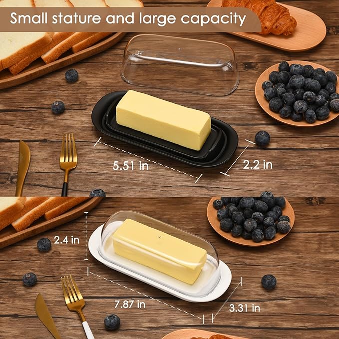 Butter Dish with Clear Lid, Butter Keeper for Countertop, Airtight Butter Dish, Plastic Butter Keeper Tray for West/ East Coast Butter, Dishwasher Safe(Black)