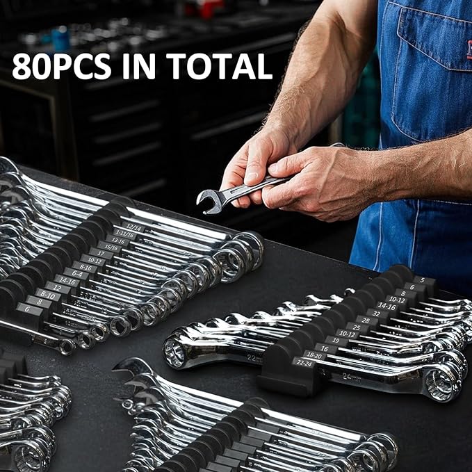 80 pcs Modular Wrench Organizers for Tool Drawers - Wrench Rack with Metric & SAE Labels, Perfect Tool Storage Holder. Gift for father, brother and boyfriend (No Magnet, Black)