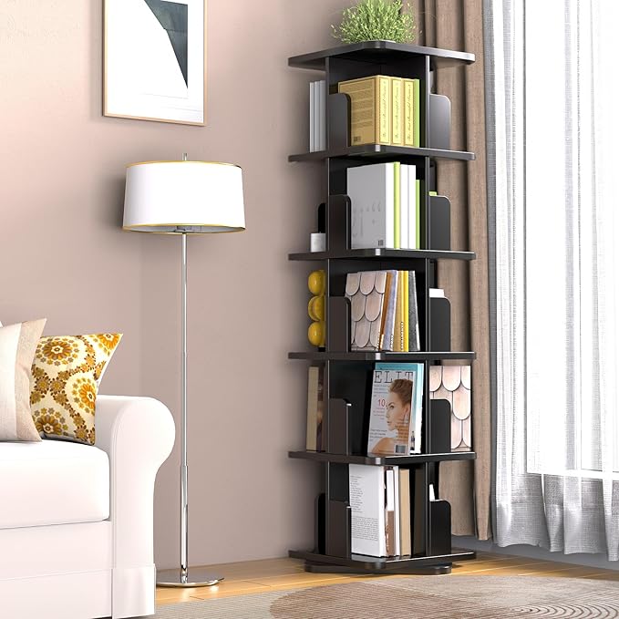 MHOM Black Rotating Bookshelf, 360 Display 5 Tier Rotating Bookshelf Tower, Floor Standing Revolving Bookcase, Wooden Small Bookcase for Small Spaces, and Living Room