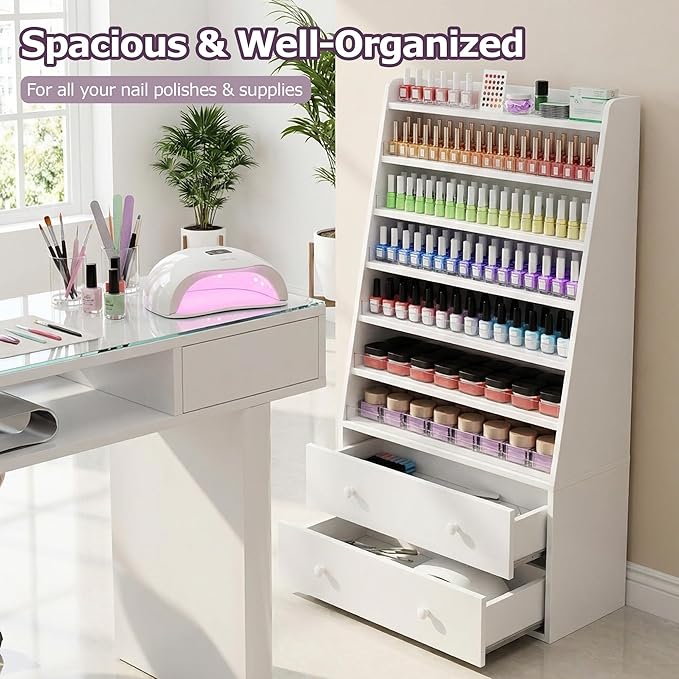 Nail Polish Rack with 2 Drawers, Salon Display & Storage Cabinet with Acrylic Baffle, Holds 700+ Bottles of Polishes, Essential Oils & Perfumes, Suitable for Nail Salon & Beauty Store, White