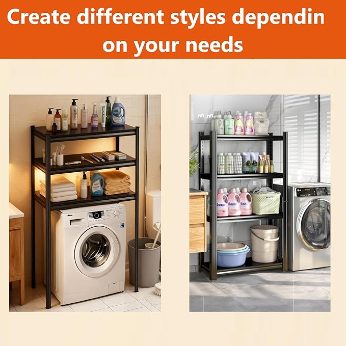 Height-Adjustable Bathroom & Laundry Storage Shelf, 3-Tier Metal Organizer Rack for Washer Dryer, Sturdy Shelving Unit for Bathroom Essentials, 63 x 31.5 x 15.7 Inches