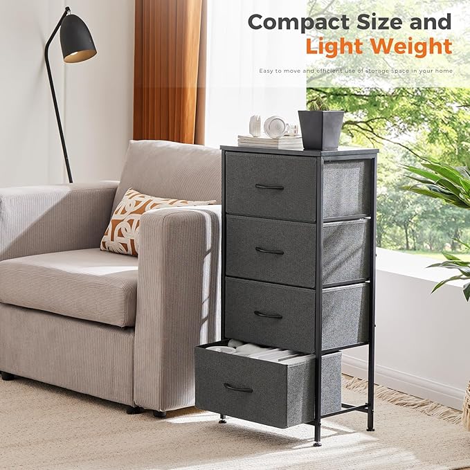 Sweetcrispy Nightstand Small Bedroom Dresser with 4 Fabric Drawers,Bed Side Furniture End Table, Wooden Top Cabinet Night Stand Dresser for Closet, Entryway, Dorm, Grey