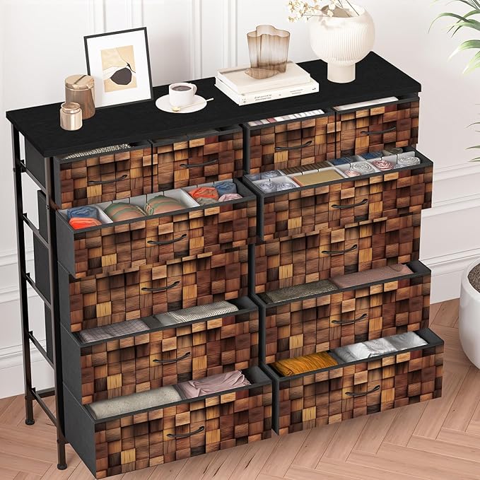 TV Stand Dresser for Bedroom, Tall Fabric Drawer Dresser, Chest of Drawers, Fabric Storage Organizer Cabinet for Closet, Nursery (Solid Brown)