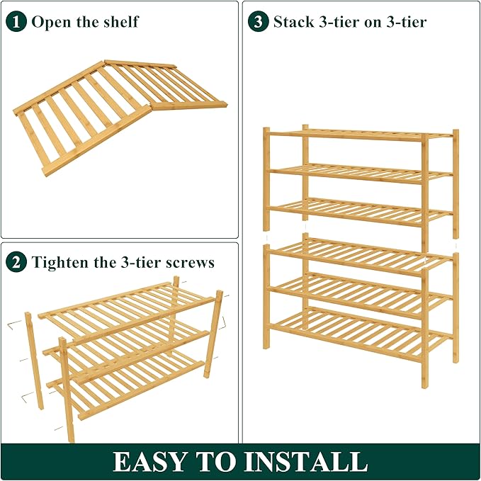 Smiry Bamboo Shoe Rack for Closet, 6 Tier Wooden Stackable Shoe Organizer, Free Standing Shoes Storage Shelf for Entryway, Front Door Entrance, Natural