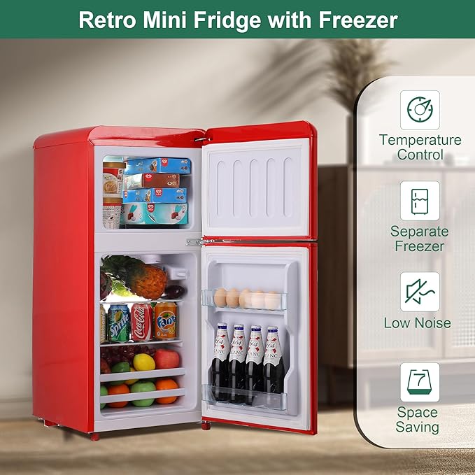 Retro Mini Fridge, 3.2 Cu. Ft. Small Refrigerator with Freezer Retro Style with 7-Level Adjustable Thermostat, Compact Vintage 2-Door Fridge for Apartments, Dorm, Office, Red