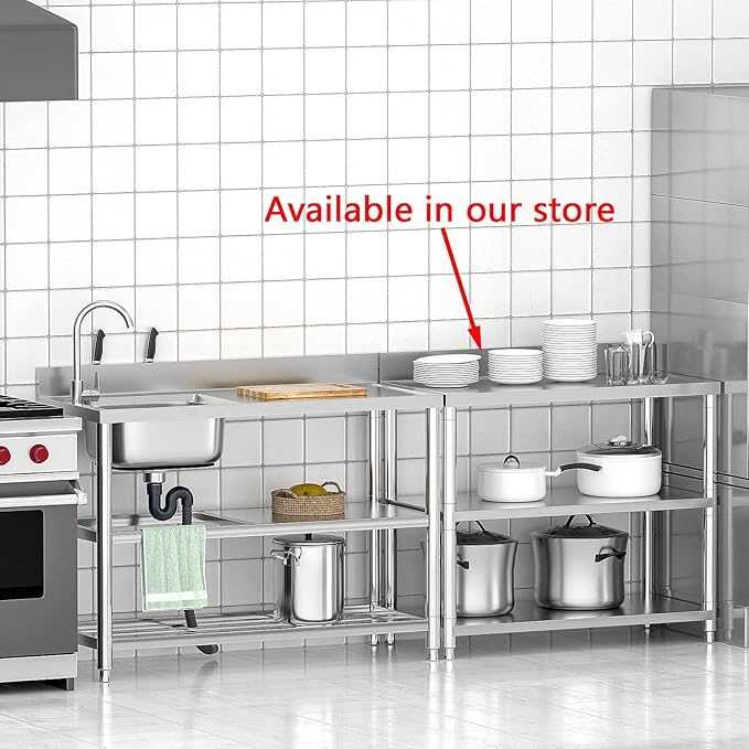 Free Standing Stainless-Steel Single Bowl Commercial Restaurant Kitchen Sink Set w/Faucet & Drainboard, Prep & Utility Washing Hand Basin w/Workbench & Double Storage Shelves Indoor Outdoor (47in)