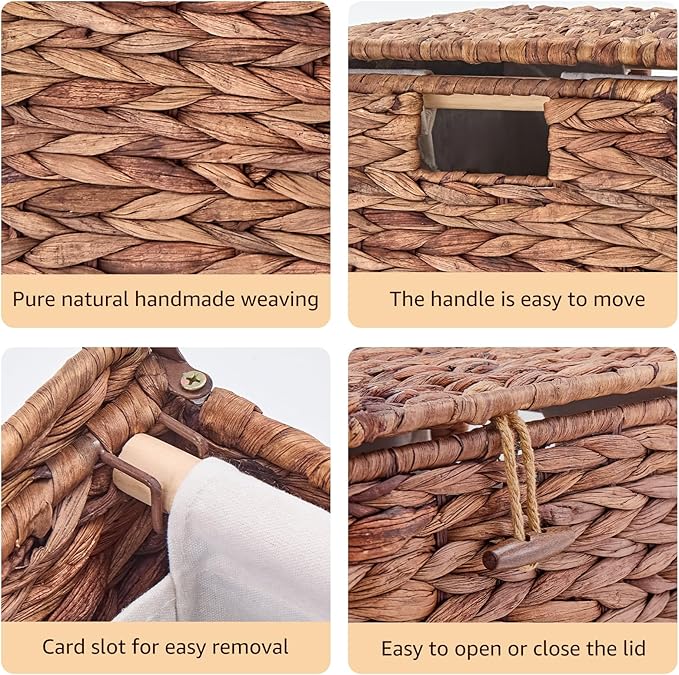 Handwoven Laundry Hamper with Lid, Natural Water Hyacinth Heightened Feet Laundry Basket, Wicker Clothes Hamper with Removable Liner Bag