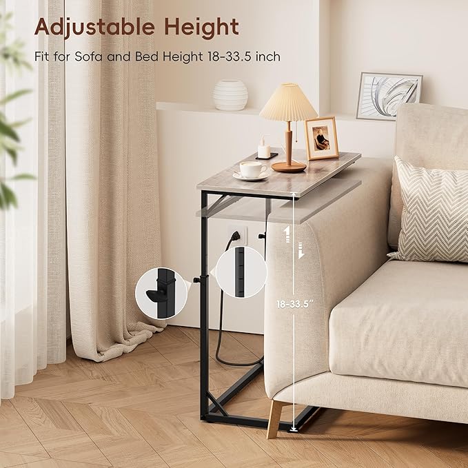 Vagusicc C Shaped End Table with Charging Station, C-Table End Table Adjustable Height Side Table for Couch, Large Couch Table, Slide Under Couch Table TV Tray Table for Sofa,Living Room,Bedroom, Grey