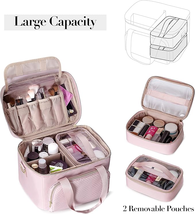 Travel Makeup Bag with 2 Pouches and Adjustable Dividers, Large Cosmetic Case Make up Organizer for Women Fits Bottles Vertically, Pink (Patented Design)