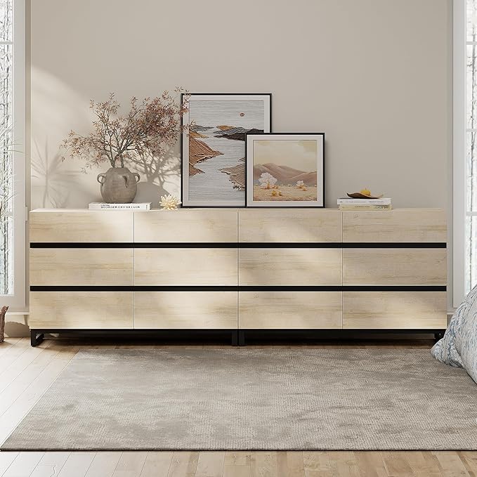 WAMPAT Dresser for Bedroom, Closet Organizers and Storage with 12 Drawers, Chest of Drawers with Metal Base, Modern Wooden Dresser for Living Room, Bedroom, Light Oak