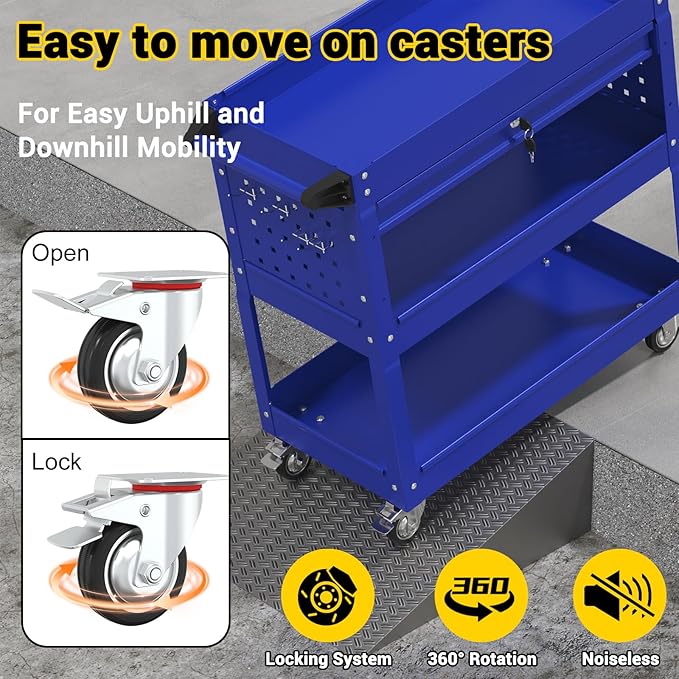 3 Tier Rolling Tool Cart on Wheels, 550 LBS Tool Cart with Drawers，Heavy Duty Utility Cart with Pegboard and Hook，Mechanic Tool Storage Cart for Garage, Warehouse and Repair Shop(Dark Blue)