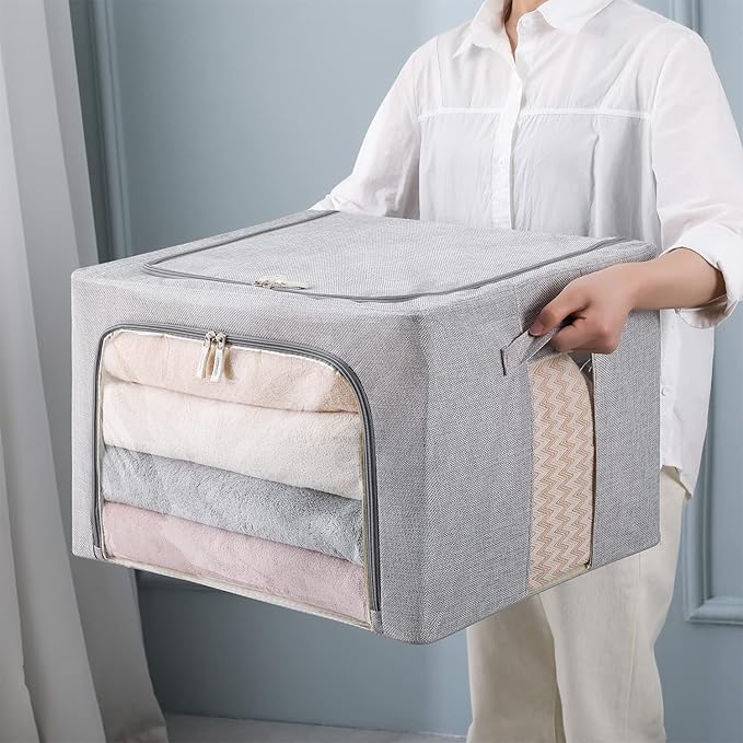 CYhom 3Pack Foldable Storage Bins - Frame Storage Box Linen Fabric Stackable Clothes Container Organizer with Clear Window & Carry Handles Large Capacity (Large-66L, Light Grey)