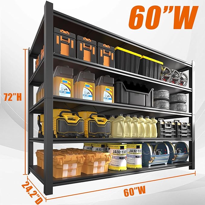 60" W Garage Shelving Heavy Duty Metal Shelving 3000LBS Storage Shelves Adjustable 5 Tier Metal Shelves for Storage Industrial Shelves for Garage, Warehouse, 24.2" D x 60'' W x 72'' H, 2 Pcs