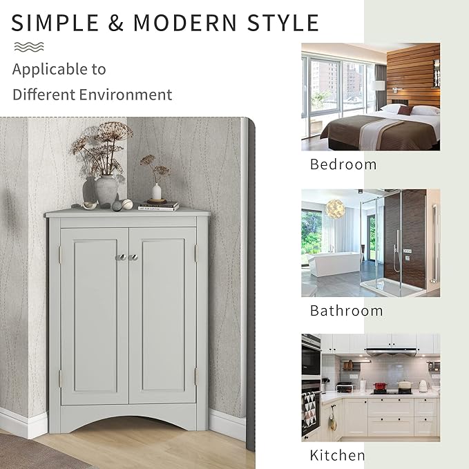 GDFStudio 31.5" H Triangle Corner Bathroom Storage Cabinet with Adjustable Shelves,Freestanding Floor Cabinet for Small Spaces,Water-Resistant Cabinet Modern Organizer for Home,Kitchen,Hallway, Grey