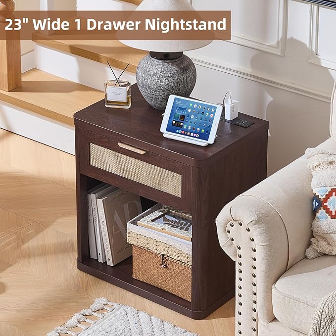LEYAOYAO Rattan Nightstand with Charging Station, Walnut Night Stand with Drawer, 23" Wide Boho Bedside Table with Storage Shelf, Bed Side End Tables for Bedroom, Living Room, Hallway