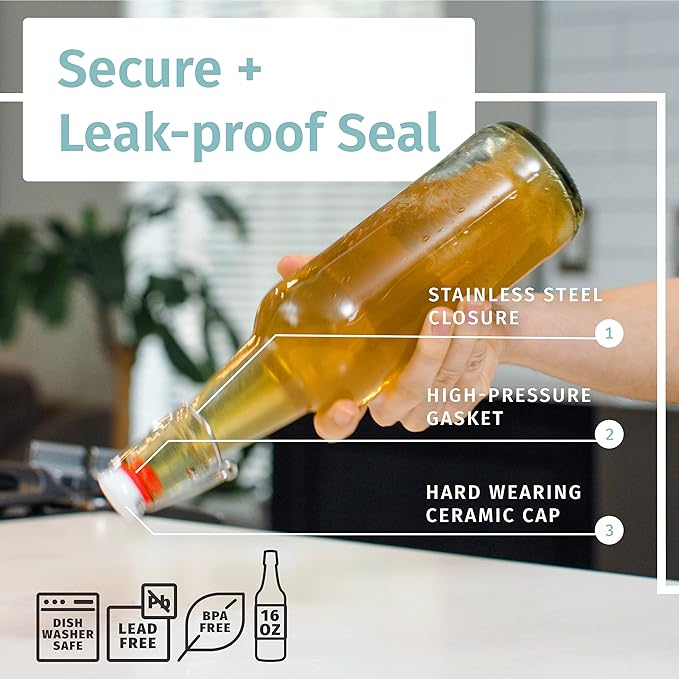 Otis Classic Glass Bottles with Caps - Set of 6 Clear Swing Top Glass Bottles w/Ceramic Lids for Storing Kombucha, Liquor, Syrup, Wine, Kefir & Beer - Bonus Marker & Labels Included, 16oz