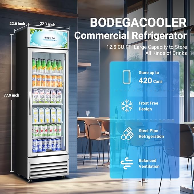 BODEGACOOLER Commercial Merchandiser Refrigerator, 12.5 Cu.Ft Glass Door Display Refrigerator, Upright Beverage Cooler with Soft LED Light, Adjustable Shelves, 4 Strong Castors(Stainless Steel)