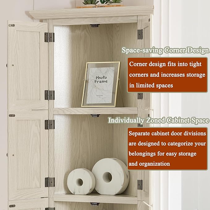 72" H Farmhouse Corner Storage Cabinet with 8 Doors & 4 Shelves, 4 Tier Kitchen Corner Pantry Cabinet Wooden Organizer Case Bookshelf, Home Space Saver Cabinet for Kitchen,Living Room(White)