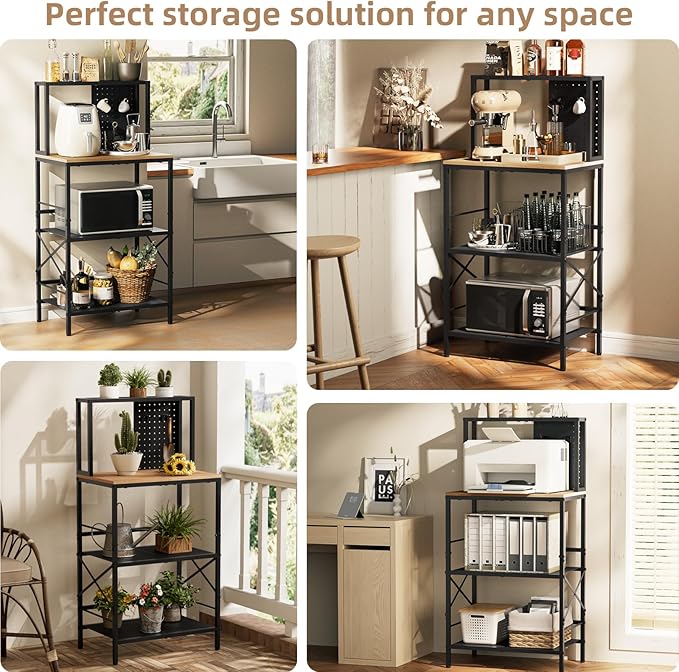 Kitchen Bakers Rack with Pegboard, 4-Tiers Coffee Bar Table, Heavy-Duty Metal Microwave Stand, Adjustable Storage Shelf Rack for Living Room, Garage, Office
