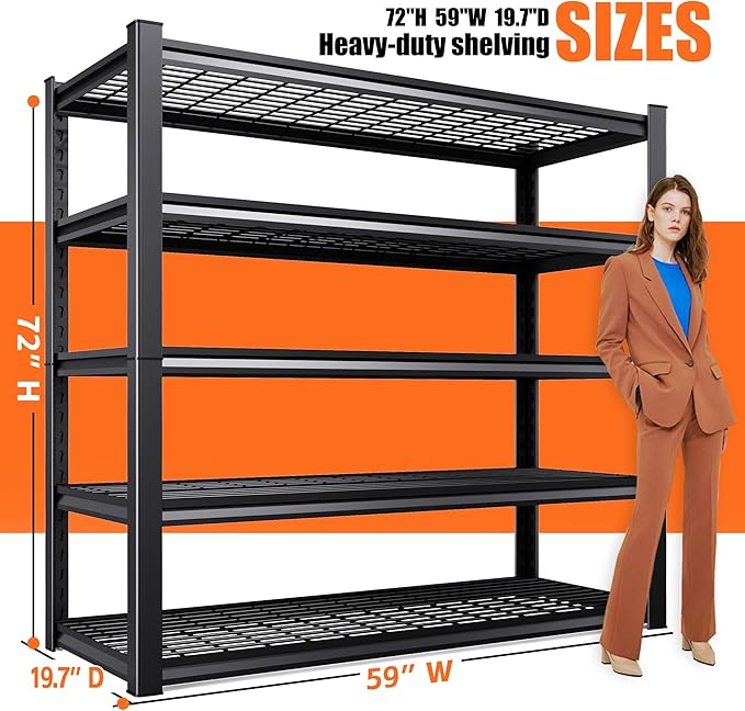 72" H Heavy Duty Garage Shelving 5-Tier Storage Shelves, Adjustable Metal Shelving Unit, Utility Garage Organizer Shelf for Basement, Pantry, Warehouse, Supermarket, 59" W x 19.7" D x 72" H