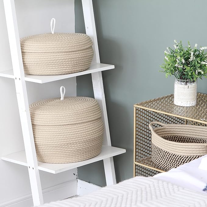 Sea Team Round Cotton Rope Storage Basket with Lid, Decorative Woven Storage Bin, Pot, Caddy, Organizer, Container for Snacks, Towels, Plants, 13 x 5.5 Inches (Large, Shallow, Khaki)
