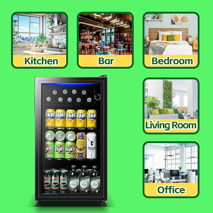 WANAI Beverage Refrigerator Cooler 3.5 Cu.Ft, 120 Can Mini Small Fridge with Glass Door LED Light and Adjustable Shelves for Soda Beer or Wine, Perfect for Home Bar Office, Black