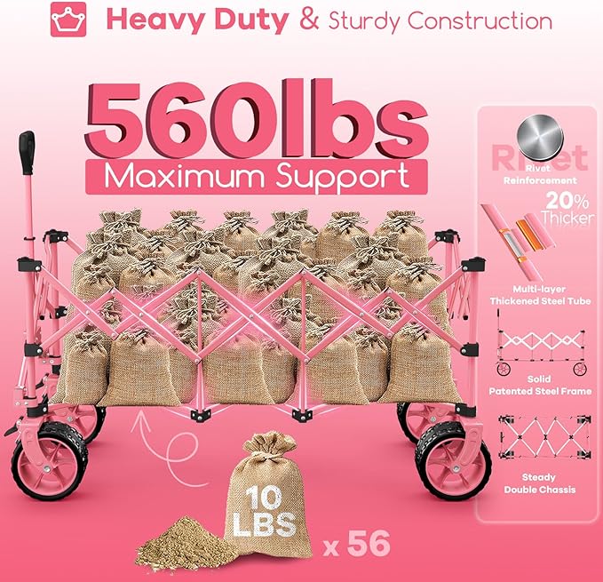 48" L Collapsible Beach Wagon Cart Foldable, 560LB Weight Capacity 300L Heavy Duty Folding Wagons with Big All-Terrain Wheels, Utility Carts for Groceries, Shopping, Camping, Sports - Pink