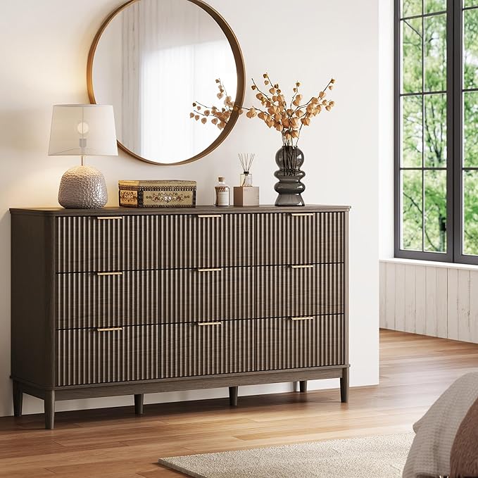 LINSY Fluted Dresser for Bedroom with 9 Drawers, Mid Century Modern Chest of Drawers with Gold Metal Handles, Wide Boho Wood Dressers, Large Farmhouse Storage Cabinet for Bedroom, Living Room, Walnut