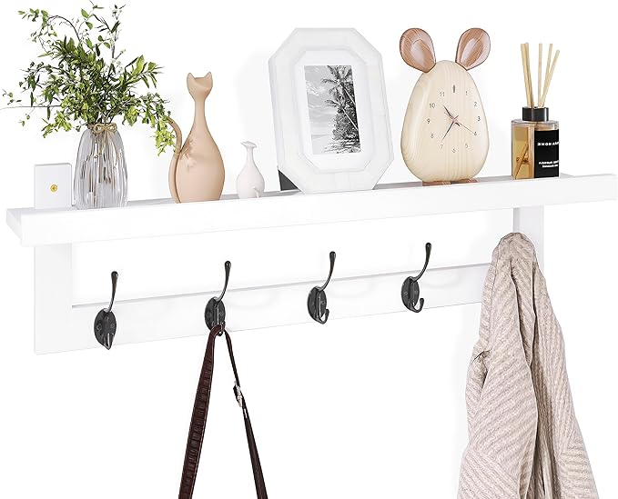 SMIBUY Coat Hooks with Shelf Wall-Mounted, 29.2 Inch Entryway Coat Rack for Wall, Bamboo Hanging Shelf with 5 Double Metal Hooks for Bathroom, Bedroom, Kitchen, Living Room (White + Black)