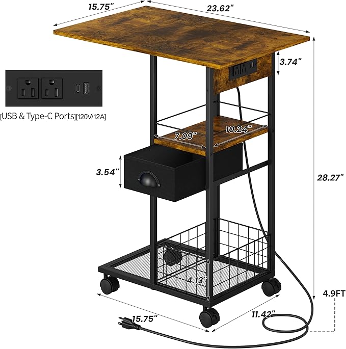 Rolling C-Shaped Side Table with Charging Station, Night Stand with Type-C & USB Port and Outlet for Bedroom, Spacious Coffee Table with Wheels for Living Room, Home Office, Small Space(Large Desktop)