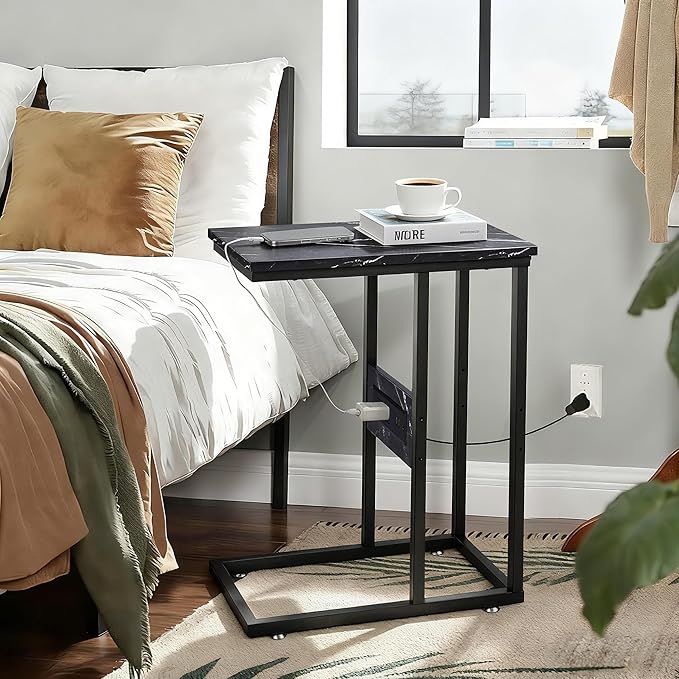 VECELO C Shaped End Side Table with Charging Station & Power Outlets for Couch Sofa/Bed, Snack TV Tray with Metal Frame for Living Room Bedroom 2 PCS Black Marble