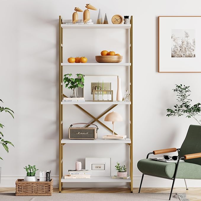 Vongrasig 5 Tier Bookshelf, Modern Tall Bookcase, Industrial Book Shelves Display Standing Shelf, Free Standing Storage Organizer for Bedroom, Living Room, White+Gold