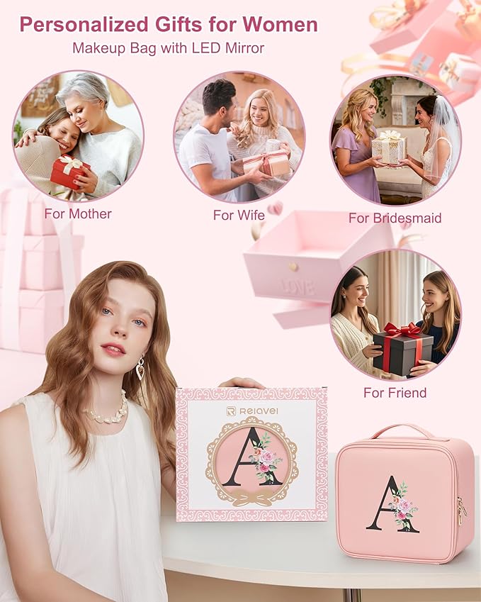 Relavel Initial Makeup Bag with LED Mirror for Women Girls, Personalized Travel Cosmetic Organizer Train Case, Birthday Gifts for Grandkids Bridesmaid Graduation Teacher Friends, Trendy Stuff, Pink I