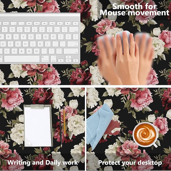 Desk Mat,Watercolor Peonies Floral Gaming Mouse Pad,XXL Extended Mouse Pad Mat for Office,Computer,Keyboard with Non-Slip Base Stitched Eges Mousepad 35.4x15.75 inch