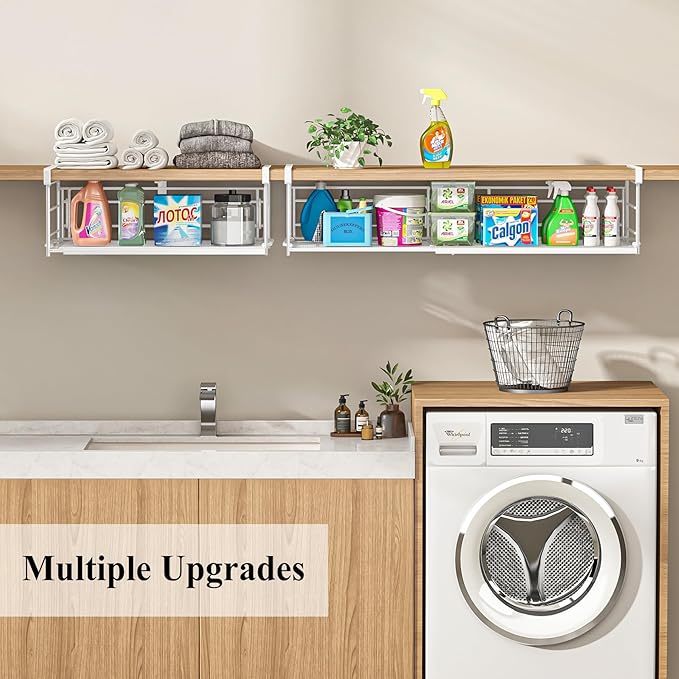 Expandable Under Cabinet Shelf, Extendable Under Shelf Storage with Removable Wire-Like Back for Pantry Cabinet, Laundry Room, Shoe Rack. (White, 2 Pack, Interior: 5" H x 10" D)