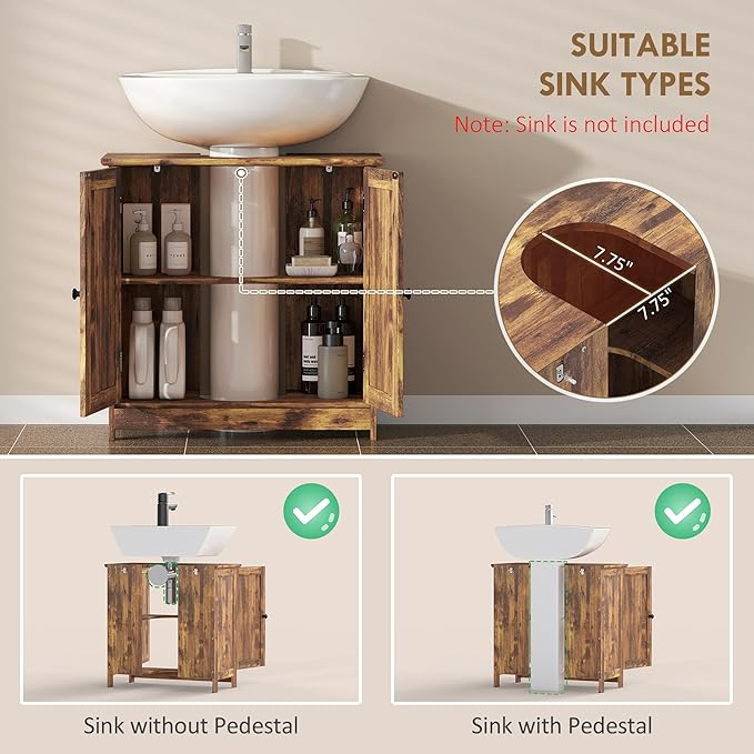 HOMCOM Under Sink Bathroom Cabinet, Pedestal Sink Storage Cabinet with 2 Doors, Shelf and U-Shape, Rustic Brown