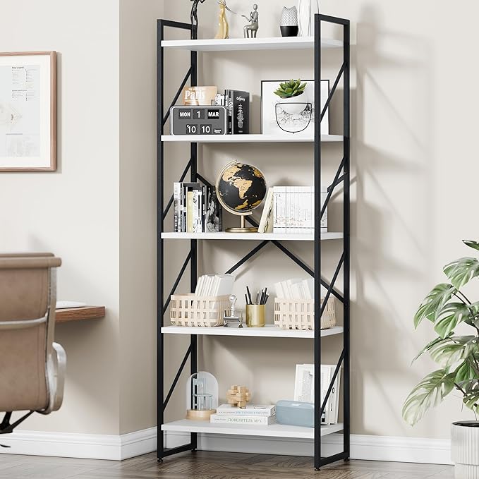 Vongrasig 5 Tier Bookshelf, Modern Tall Bookcase, Industrial Book Shelves Display Standing Shelf, Free Standing Storage Organizer for Bedroom, Living Room, White