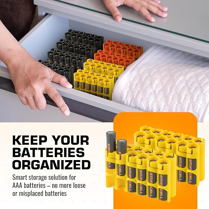 Storacell AAA-12 Battery Storage Caddy and Dispenser (Pack of 2), Yellow, Holds 12 AAA Batteries (Not Included), Durable & Compact Design, The Original Battery Caddy, Made in The USA