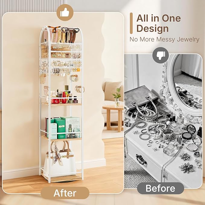 Jewelry Organizer Stand, 360° Rotating Floor Jewelry Holder with Earring Organizer Necklace Holder, 3 Floors Large Jewelry Stand Bracelet Ring Organizer, Women Jewelry Tree Organizer