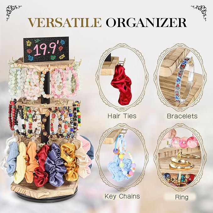 LadyRosian 3-Tier Wooden Rotating Jewelry Display Stand | Bracelet & Keychain Organizer with Advertising Board | 54 Hooks Rustic Holder for Vendor Booth & Stores (3-Tier Round Hexagon)