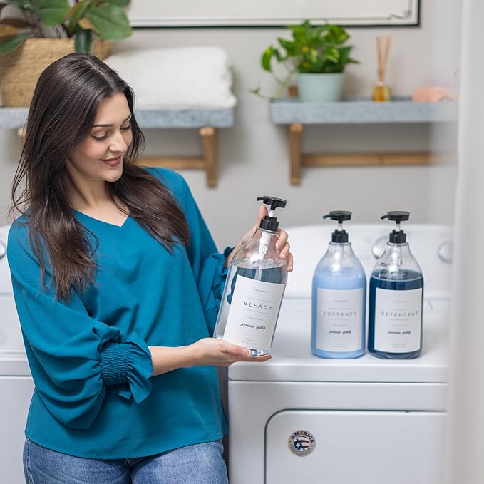 Liquid Bleach Dispenser for Laundry Room - Decorative 64-Oz PET Plastic Container with Waterproof Label - Includes Pump, Screw Cap, and Collapsible Funnel (Bleach Bottle)