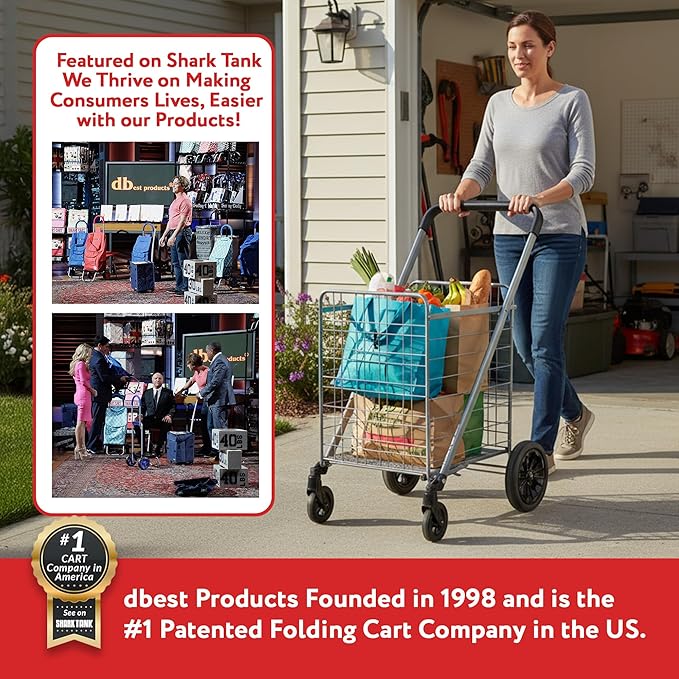 dbest Products Cruiser Cart Deluxe 2 - Foldable Shopping Cart with Wheels for Groceries - Heavy Duty Utility Cart with Brake System - Collapsible Laundry Cart - USA Designed - Holds 100 lbs - Silver