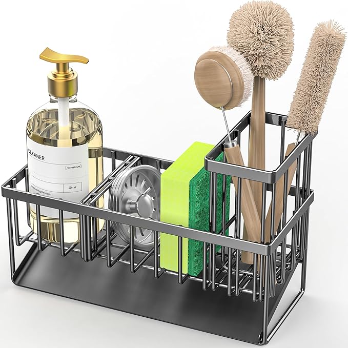 Cisily Kitchen Sink Caddy Organzier with High Brush Holder, Sponge Holder for Sink, 304 Rustproof Stainless, Kitchen Countertop Soap Dispenser Organizer, Kitchen Decor and Accessories
