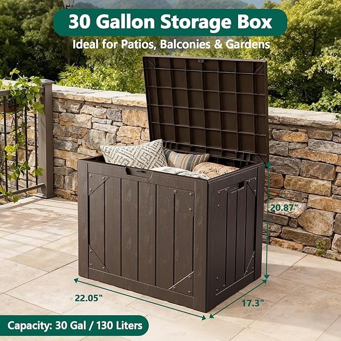 Outdoor Storage Box, 30 Gallon Deck Box Outdoor Storage Bench Outside Waterproof Resin Storage Bench, Lockable Patio Cushions, Garden Tools Storage For Furniture, UV Resistant(Brown)