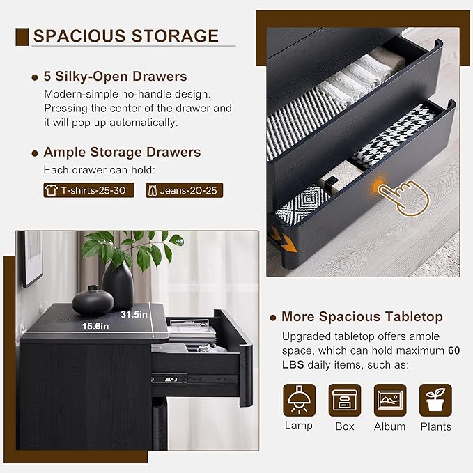 ACCOHOHO Modern 5 Drawer Dresser for Bedroom, 42" Tall Wooden Dressers with Large Storage,Handleless Chest of Drawers for Living Room & Hallway, Curved Profile Design, Black