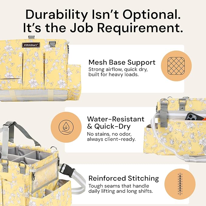FifthStart Multiuse Cleaning Caddy - Diaper Caddy with Waist, Shoulder Strap, 9 Pockets, Mesh Base & Adjustable Compartments - Cleaning Supplies Organizer (Yellow Floral, Large)