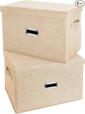 Large Linen Fabric Foldable Storage Bins with Removable Lid and Handles, Washable Storage Box Organizer Containers Baskets Cube with Cover for Bedroom,Closet,Office (Khaki, XXL(2-Pack))