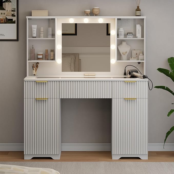 ONME 47.2" Fluted Vanity Desk with Mirror and Lights, Big Vanity with 5 Large Drawers and Adjustable Shelves, Makeup Vanity Table with Glass Top and Charging Station for Women and Girls Bedroom